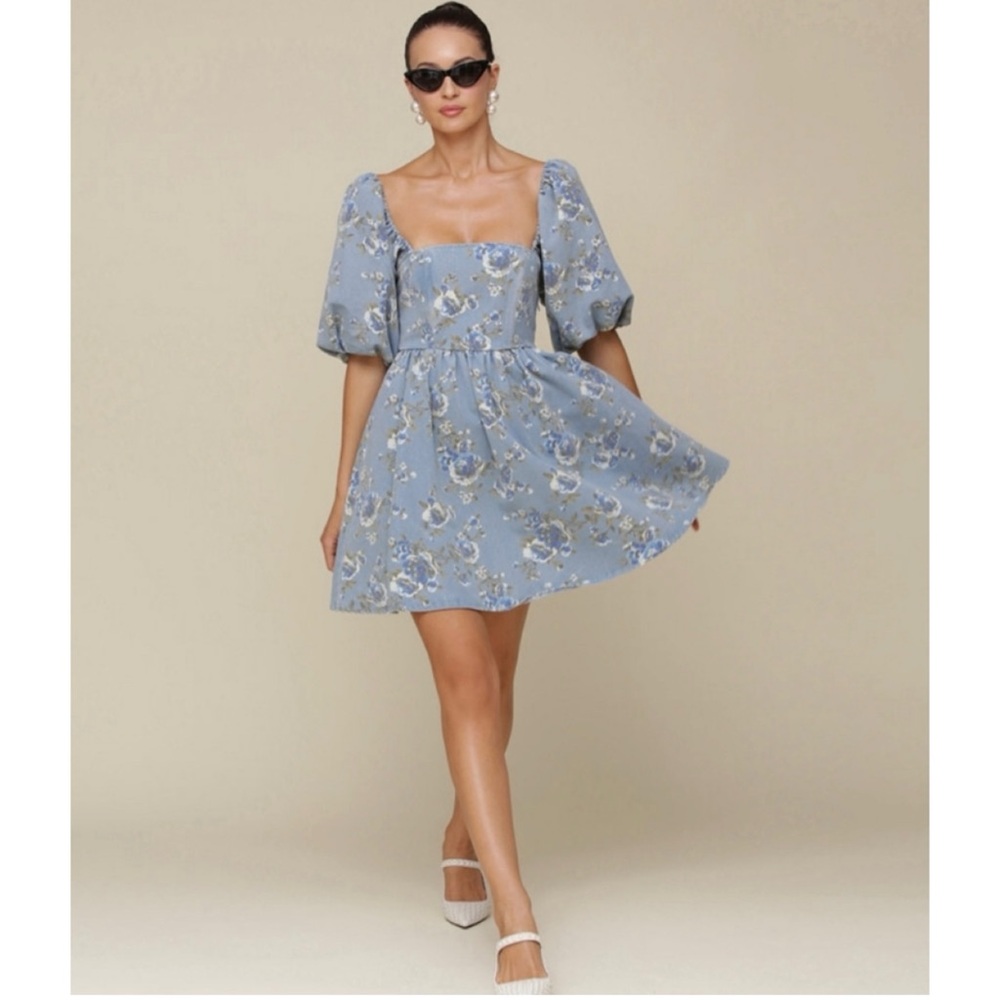 SOLD OUT❗️ Blue Floral Puff Sleeve Dress (M) - Picture 4 of 7